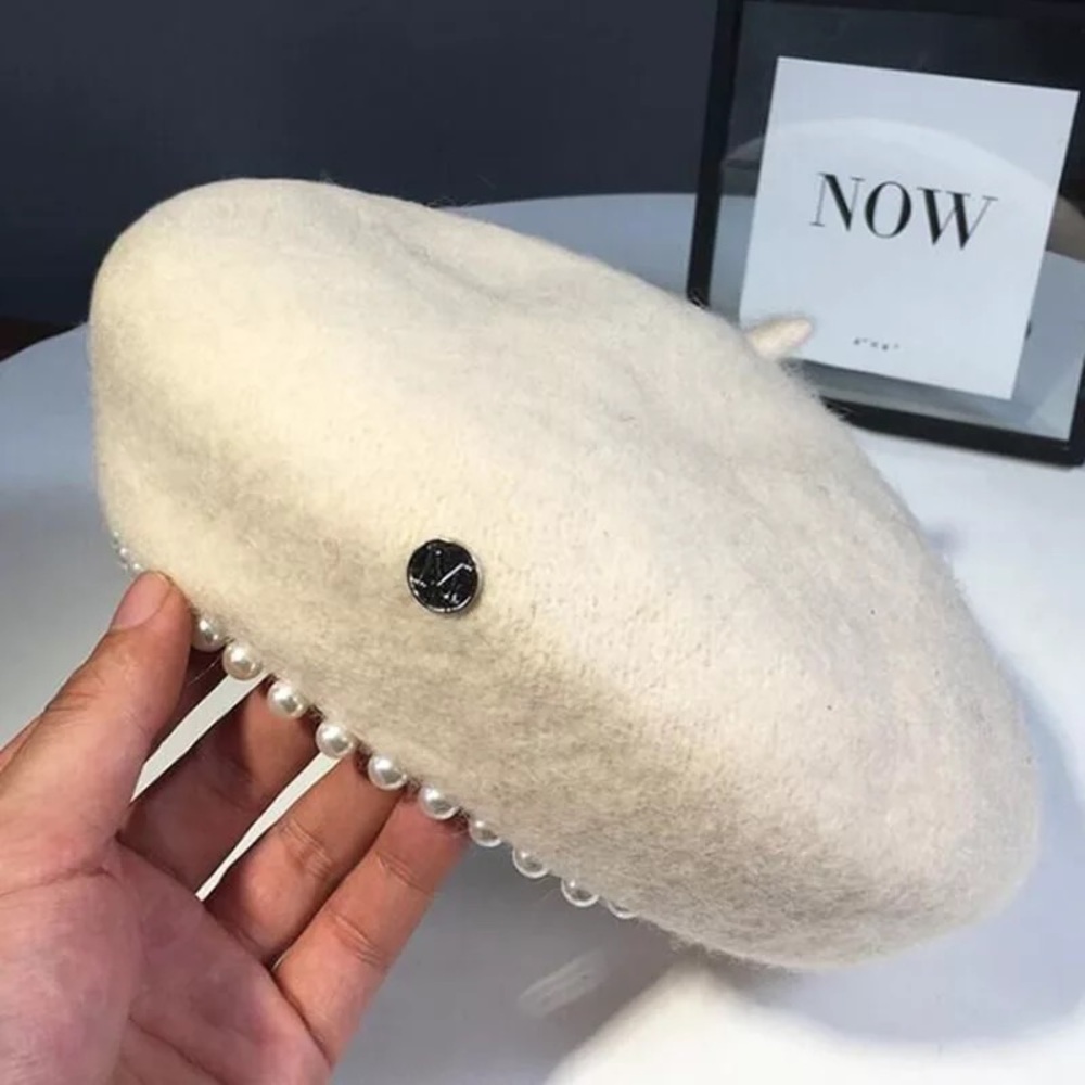 White Wool Pearl Hat